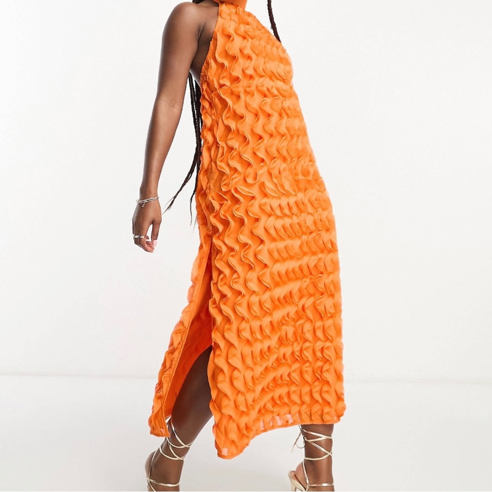 textured ruffle occasion halter maxi dress